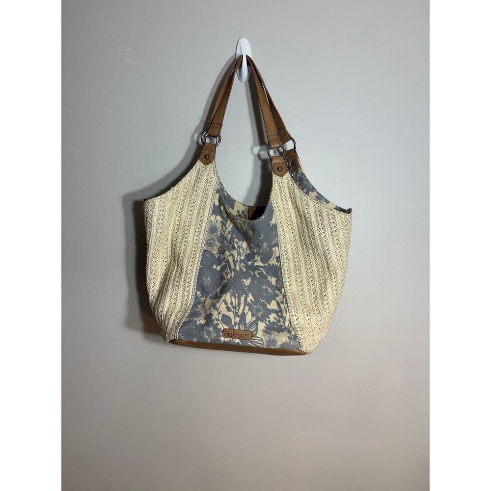 Sakroots Straw Floral Hobo Shoulder Bag Tan Blue Leather Trim Boho